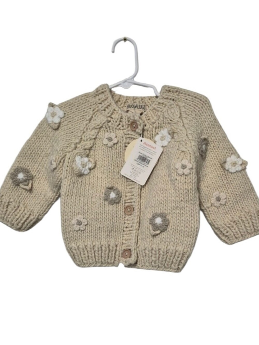 Huggalugs Flower Cardigan Natural Hand Knit Sweater 12-18 Months New with Tags